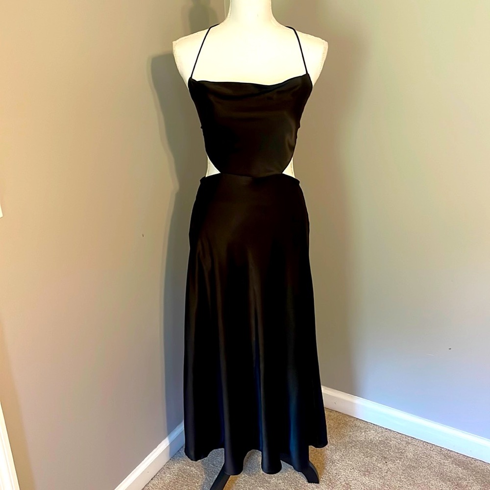 Satin Black Cutout Midi Dress